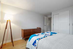 Bedroom featuring a closet and light wood-type flooring