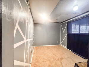 Basement with carpet floors and a textured ceiling