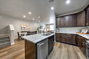 Kitchen with stainless steel appliances, an island with sink, sink, and light hardwood / wood-style floors