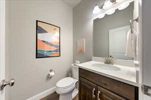 Bathroom featuring vanity, hardwood / wood-style floors, and toilet