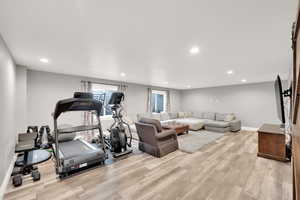 Large basement living room, one of two entertainment spaces in the basement.