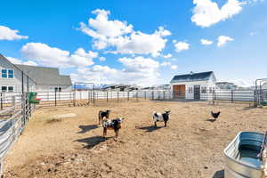 View of yard from livestock area and a stable.