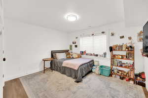 Bedroom in basement with Composite hardwood LVP flooring and closet.