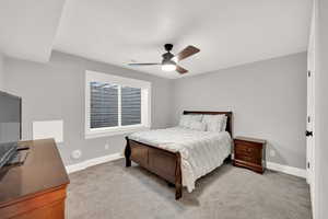 Basement bedroom with carpet and 3 tone paint.