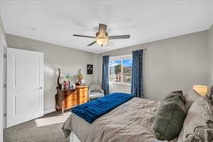 Bedroom featuring carpet floors and ceiling fan