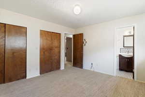 Unfurnished bedroom with ensuite bathroom, two closets, sink, light colored carpet, and a textured ceiling