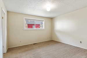 Carpeted spare room with a textured ceiling