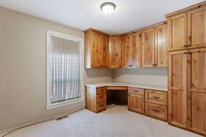 Unfurnished office featuring light colored carpet, built in desk, and a textured ceiling