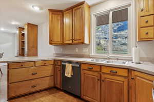 Kitchen with sink, stainless steel dishwasher, and kitchen peninsula