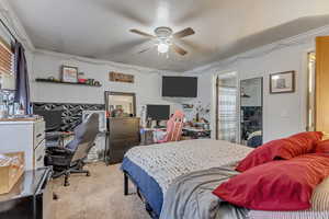 Bedroom featuring light carpet and ceiling fan