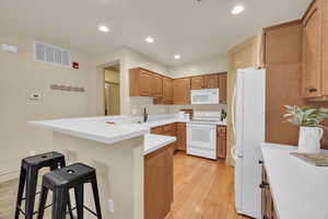 Kitchen with a kitchen bar, sink, light hardwood / wood-style flooring, kitchen peninsula, and white appliances