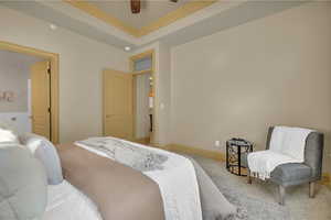 Bedroom featuring light colored carpet, ornamental molding, a raised ceiling, and ceiling fan