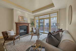 Living room featuring crown molding and a tray ceiling