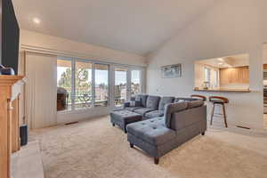 Living room with sink, light carpet, and high vaulted ceiling