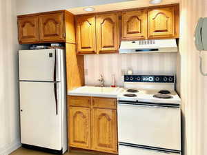 Kitchen featuring sink and white appliances