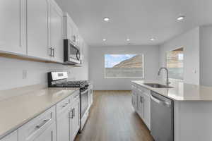 Kitchen featuring stainless steel appliances, a kitchen island with sink, sink, and white cabinets