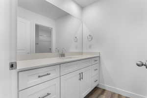 Bathroom featuring vanity and hardwood / wood-style flooring