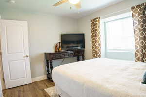 Bedroom with hardwood / wood-style floors and ceiling fan