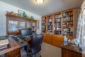 Home office featuring light carpet