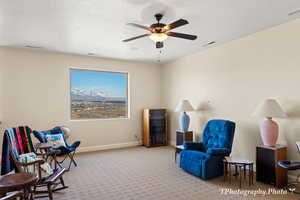 Living area featuring light colored carpet, a textured ceiling, and ceiling fan