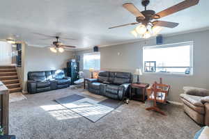 Living room featuring ornamental molding, carpet floors, and a textured ceiling