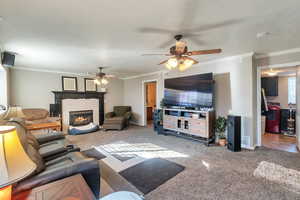 Living room with crown molding, washer / dryer, carpet, and a tile fireplace