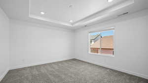 Carpeted spare room featuring a tray ceiling