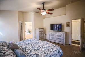 Primary bedroom, vaulted ceiling, and ceiling fan