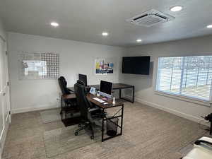 Carpeted home office with a textured ceiling