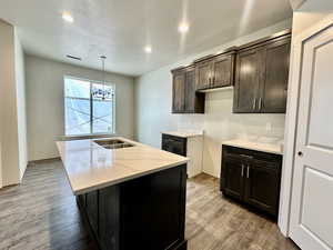 Kitchen with sink, hanging light fixtures, light stone counters, dark brown cabinetry, and light wood-type flooring