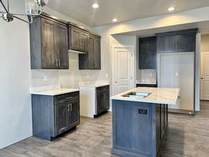 Kitchen featuring dark brown cabinetry, light hardwood / wood-style floors, and a kitchen island