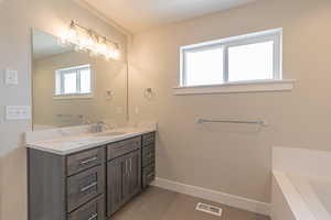 Full bathroom featuring baseboards, a bath, visible vents, and vanity
