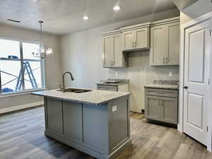 Kitchen featuring sink, gray cabinetry, hanging light fixtures, light wood-type flooring, and a center island with sink