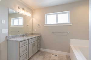 Full bath featuring visible vents, baseboards, a bathtub, and vanity