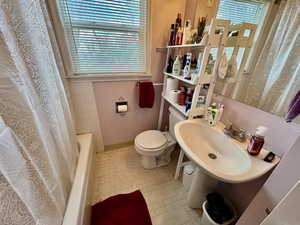 Bathroom featuring sink, curtained shower, and toilet