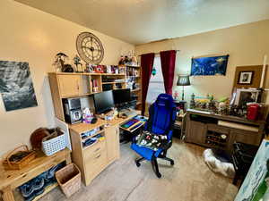 Office space with light carpet and a textured ceiling