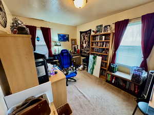 Office area featuring carpet flooring and a textured ceiling