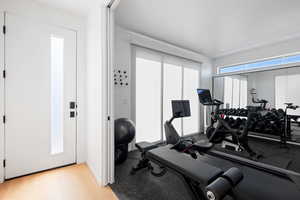 Exercise room featuring light wood-type flooring