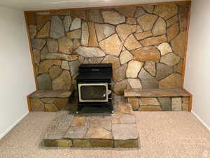 Details featuring carpet floors and a wood stove