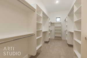 Spacious closet with light carpet