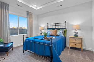 Bedroom with a tray ceiling and dark carpet