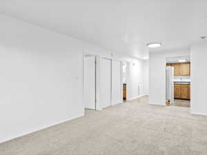 Empty room featuring sink and light colored carpet