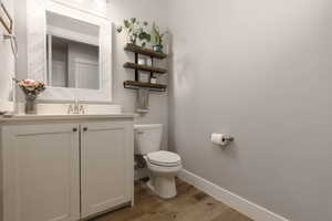 Bathroom with vanity, hardwood / wood-style floors, and toilet