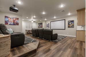 Cinema featuring dark wood-type flooring, sink, a textured ceiling, and ceiling fan