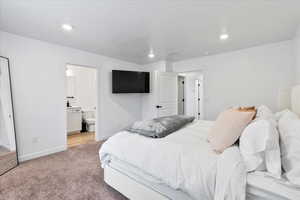 Bedroom featuring connected bathroom and light carpet