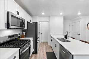 Kitchen with stainless steel appliances, sink, and white cabinets