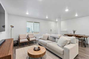 Living room featuring dark hardwood / wood-style flooring