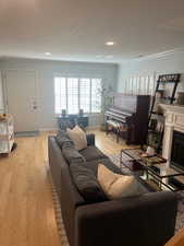 Living room with crown molding and light hardwood / wood-style floors