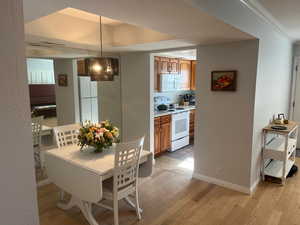 Dining room featuring crown molding, a tray ceiling, and light wood-type flooring