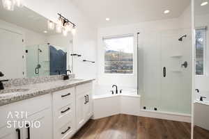 Bathroom with hardwood / wood-style flooring, vanity, separate shower and tub, and a wealth of natural light